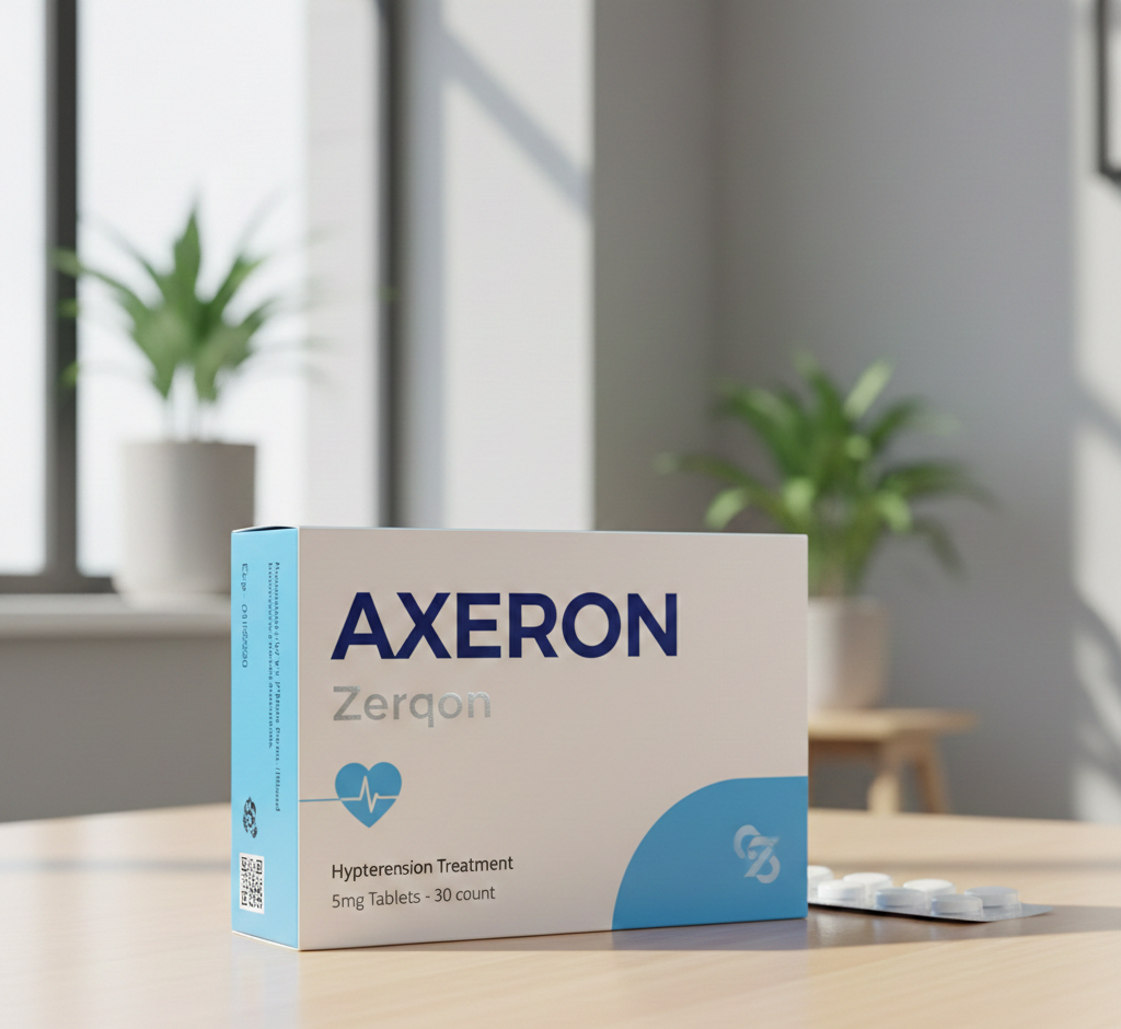 Természetes Axeron táplálékkiegészítő kapszula a vérnyomás támogatására, professzionális fehér háttér előtt, realisztikus termékfotó stílusban